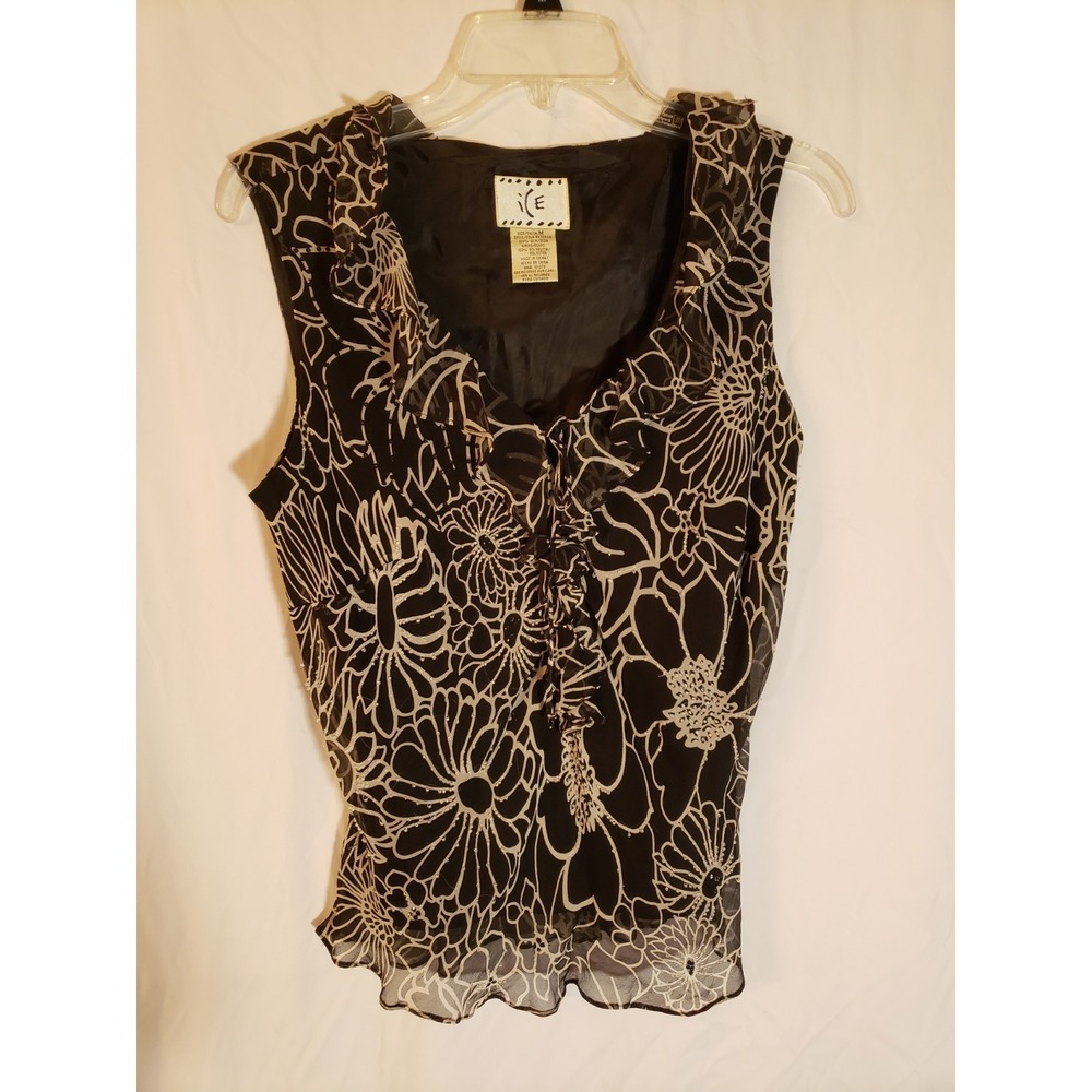 Women's Ice Sleeveless Ruffled Black Floral Blouse Size M